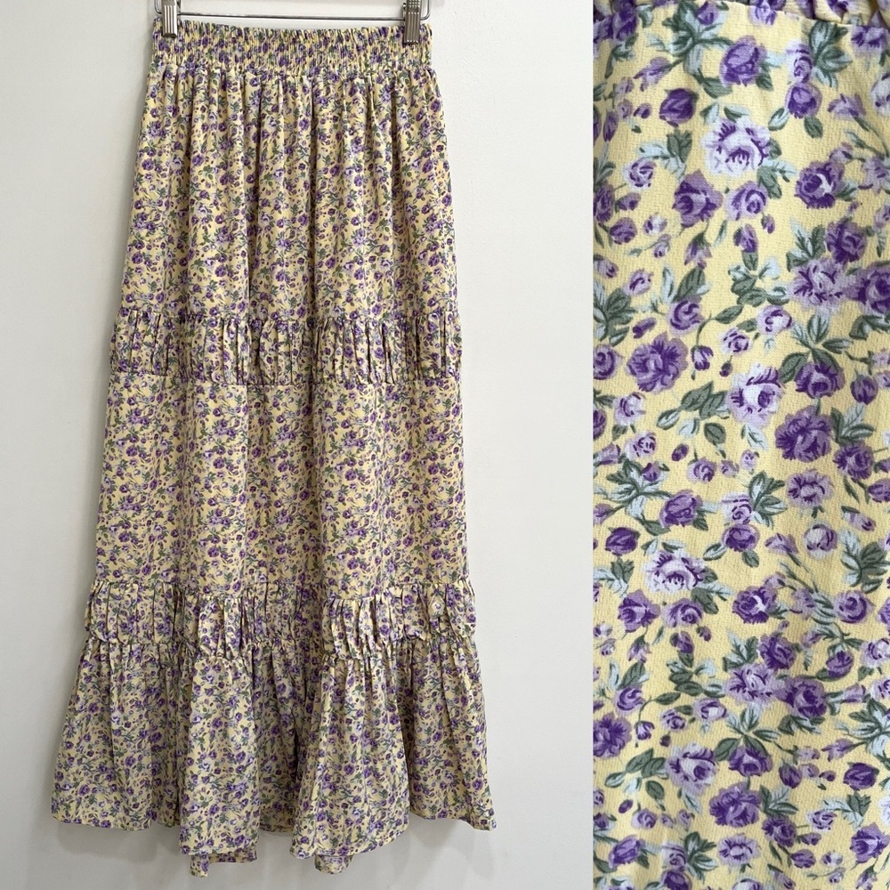 English Factory Tiered Maxi Skirt Butter Yellow Lilac Purple Ditsy Floral XS